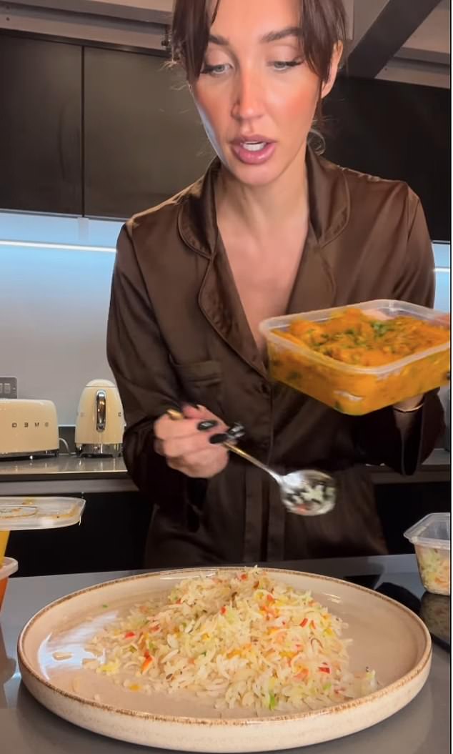 Stuffed: She said: 'I am going in with pilau rice, Bombay potatoes...banging' before tucking in as she waited for footballer fiancé Oliver Burke to get home