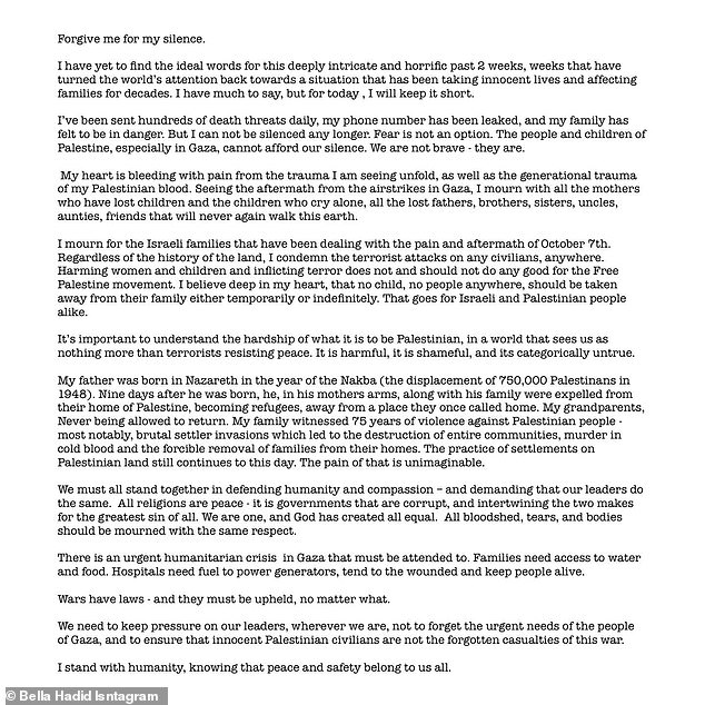 The model took to Instagram Thursday with a detailed statement calling for pressure to be put on political leaders to 'stand together in defending humanity and compassion'