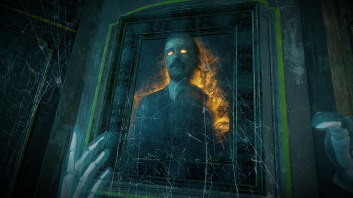A screenshot of The 7th Guest VR showing a painting coming alive, the man it portrays stretching out of the canvas.