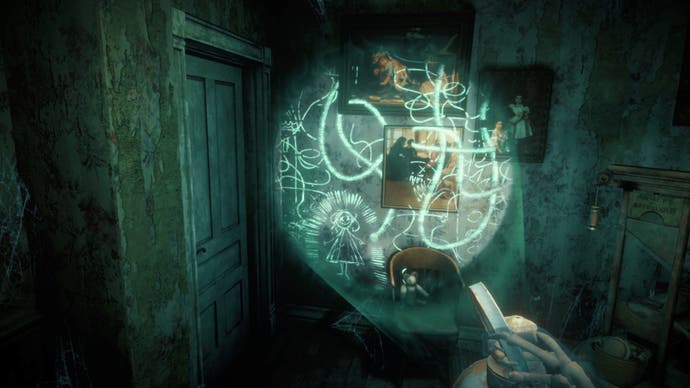 A screenshot of The 7th Guest VR showing the player holding a magic lantern aloft. Where its beam hits the wall, secret scribbles are revealed.