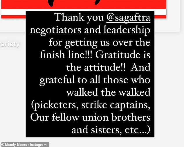 Thankful: Moore also wrote: 'Thank you @sagaftra negotiators and leadership for getting us over the finish line!!! Gratitude is the attitude!!'