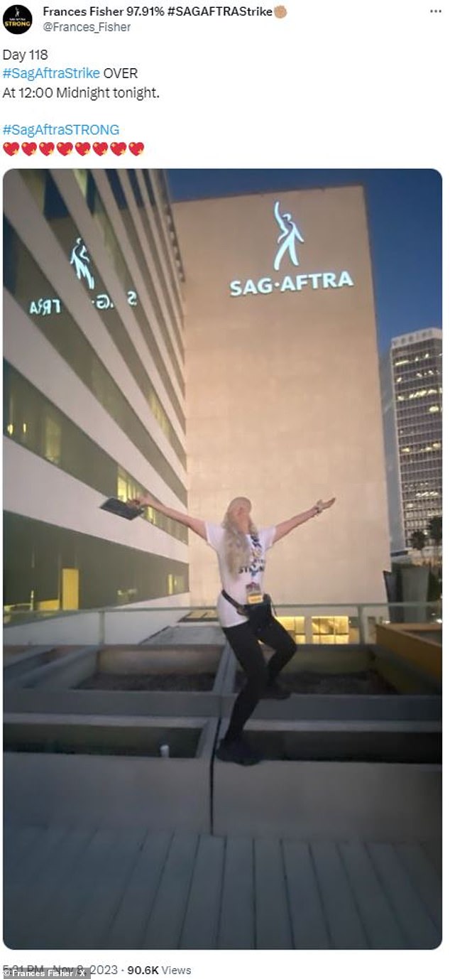 Grateful: Frances Fisher, 71, was elated about the news, sharing a snap of herself outside the SAG-AFTRA building with her hands joyfully stretched out towards the sky