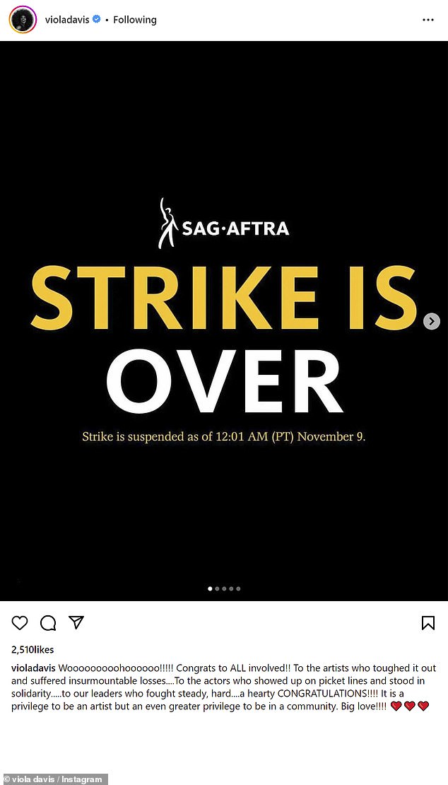 To the artists: Viola Davis, 58, shared a post writing, 'Wooooooooohoooooo!!!!! Congrats to ALL involved!! To the artists who toughed it out and suffered insurmountable losses'