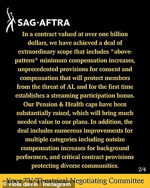 Official: She also shared an official message from SAG-AFTRA