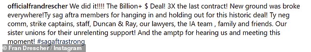 Thrilled: Fran Drescher, 66, shared a joyous Instagram post, writing, We did it!!!! The Billion+ $ Deal! 3X the last contract!'