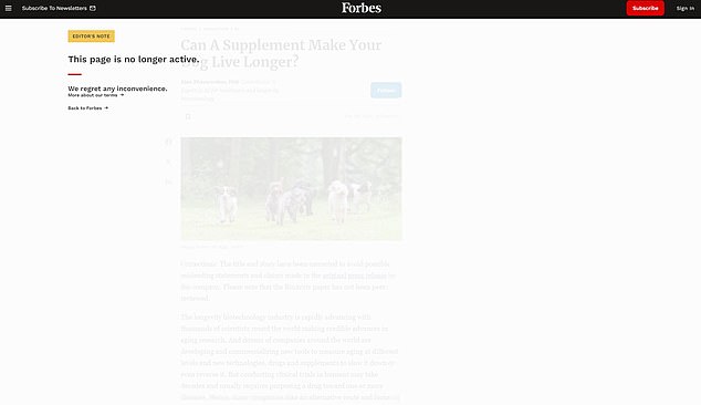 Forbes took down its article on the supplement as controversy over the claims emerged