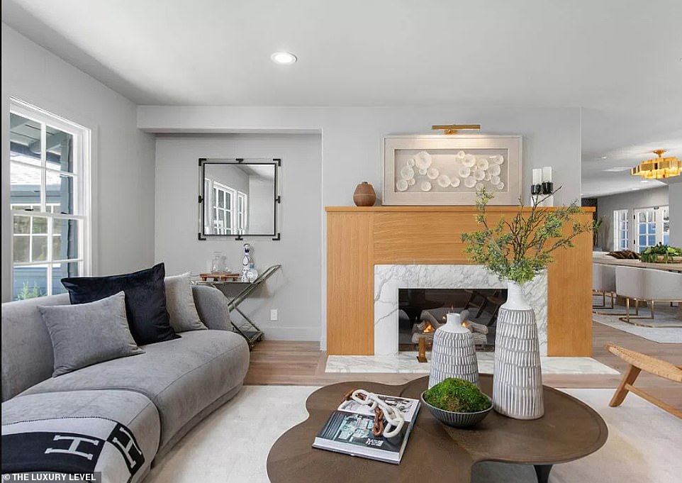 A modern fireplace anchors the living room