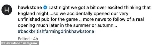 The caption read: 'Last night we got a bit over excited thinking that England might¿.so we accidentally opened our very unfinished pub for the game'