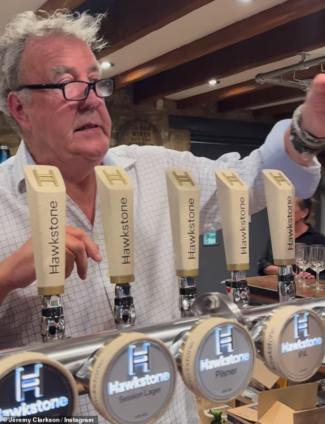 The Grand Tour host was every inch the landlord as he served customers his own Hawkstone beer - which is brewed at his nearby Diddly Squat Farm.