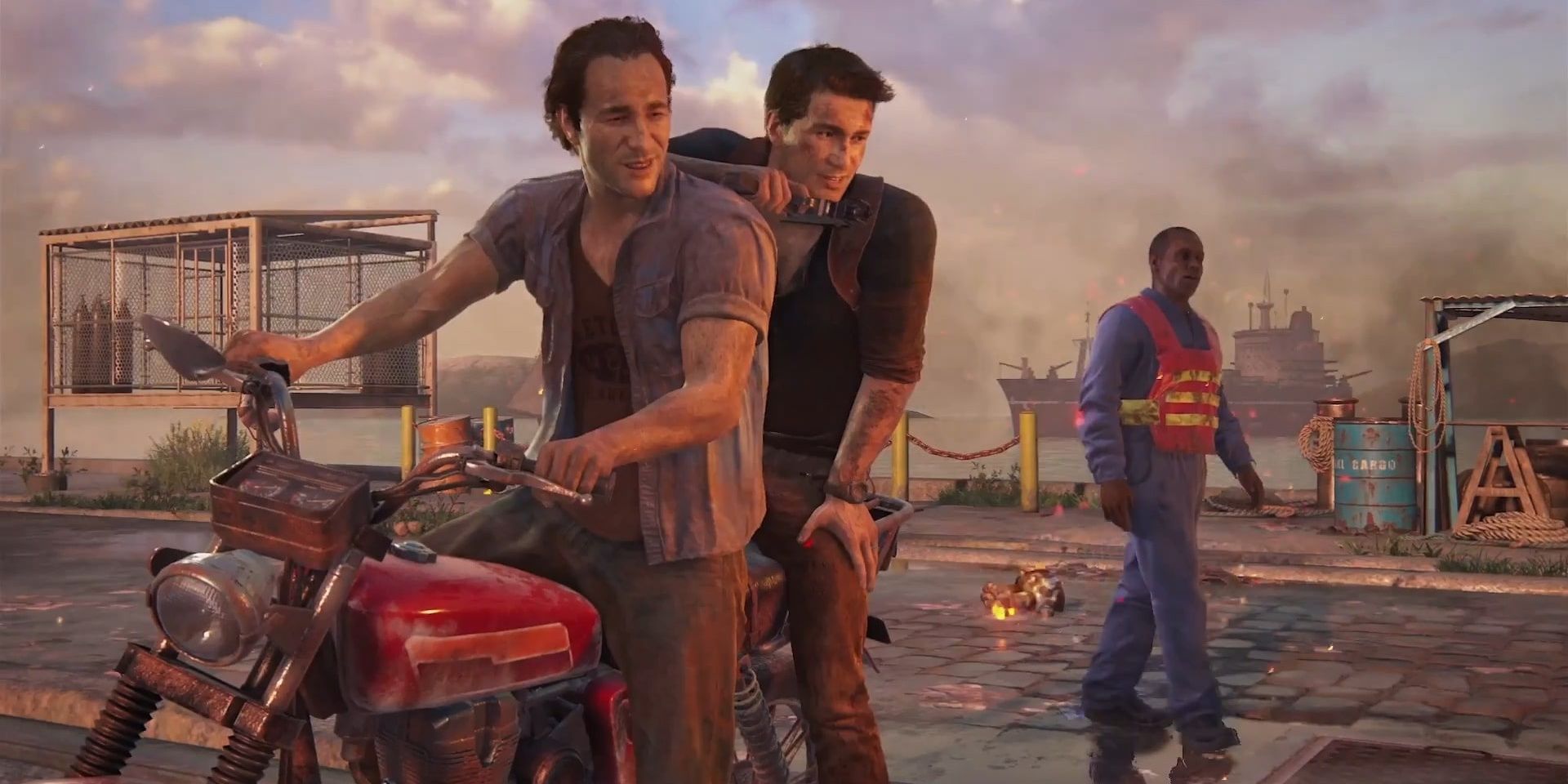 Nathan and Sam Drake on a motorbike in Uncharted 4