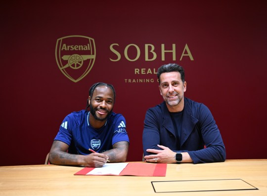 Arsenal Sporting Director Edu Gaspar with new signing Raheem Sterling at Sobha Realty Training Centre 