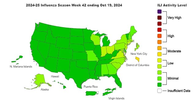 The CDC's map of flu activity by state shows all have low or moderate levels of the virus