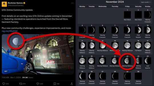 Image showing a Rockstar Games social media post, with a moon in a GTA 6 still – next to an image of a moon calendar showing the same phase