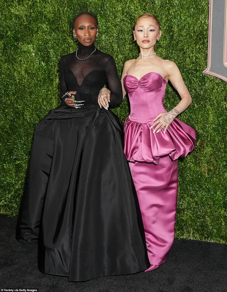 Grande and Erivo channeled their Wicked characters Glinda and Elphaba, respectively, with their red carpet looks