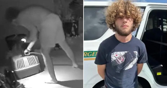 (L) Screenshot of black-and-white footage of Kieran McKinney allegedly waterboarding a cat inside a pet carrier. (R) Kieran McKinney has his hands restrained behind his back and stands in front of a patrol car.