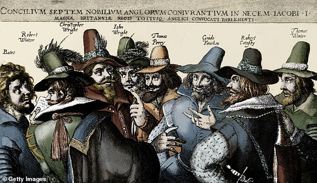 In what became known as the Gunpowder Plot, Catholic conspirators led by Robert Catesby (depicted above with Guy Fawkes and other plotters) fatefully planned to kill James I by blowing up Parliament in 1605