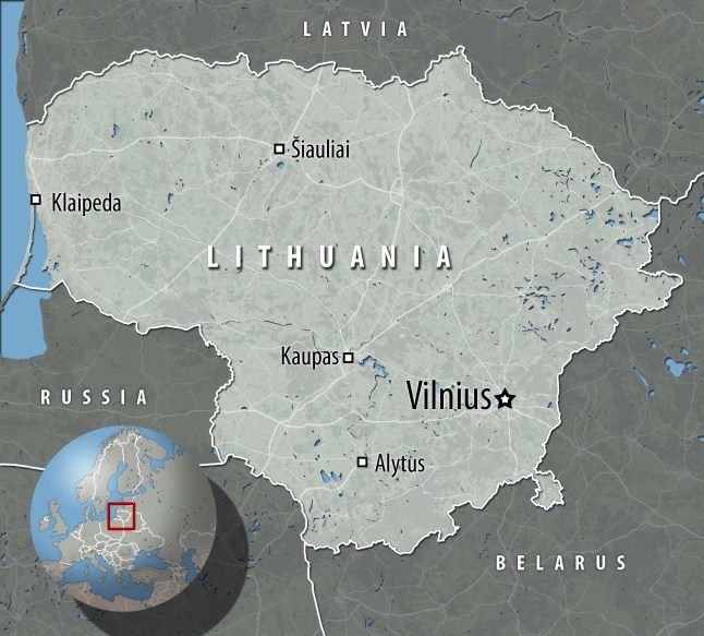 A map of Lithuania with a focus on the capital Vilnius in the lower left corner