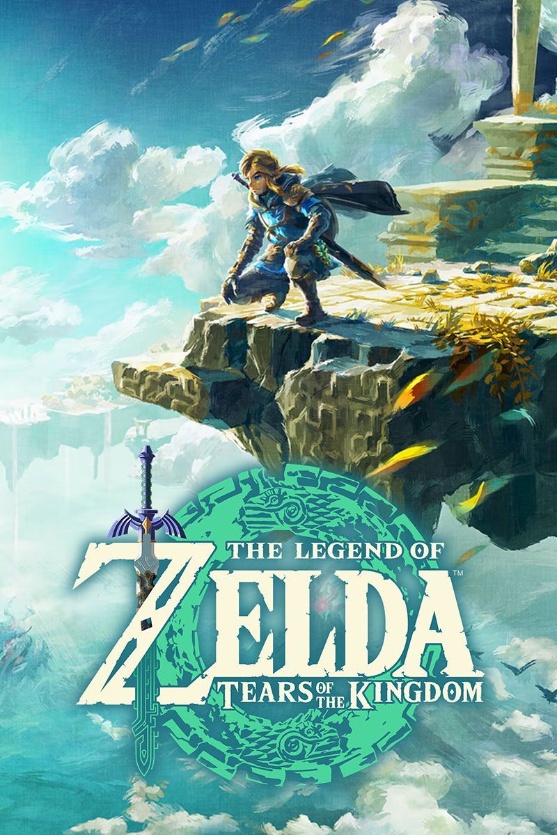 The box art for The Legend of Zelda: Tears of the Kingdom depicts Link crouched on the edge of a sky island.