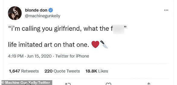 Confirmed: Machine Gun Kelly provided his own form of confirmation by referring to Megan as his 'girlfriend' in a tweet citing lyrics from Bloody Valentine