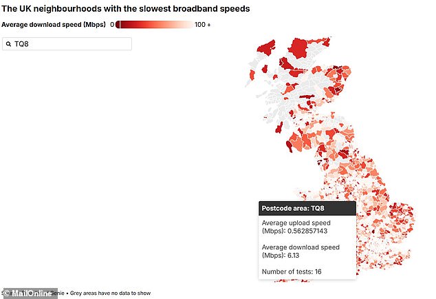 This interactive map reveals the areas of the country with the slowest broadband connections. To see more information about an area simply click on the coloured region or search for the first four digits of the postcode in the top left box