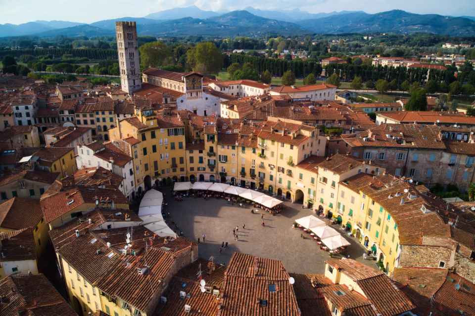 Aerial view of Piazza delle Erbe in Montepulciano, Tuscany.