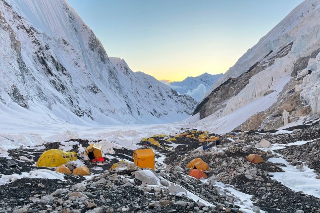 This photograph taken on May 8, 2021 shows mountaineer's tents at Camp 2 of Mount Everest (8,848.86-metre), in Nepal. (Photo by Pemba Dorje SHERPA / AFP) (Photo by PEMBA DORJE SHERPA/AFP via Getty Images)