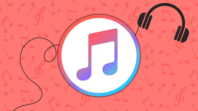 iTunes logo against peach background with black headphone illustration