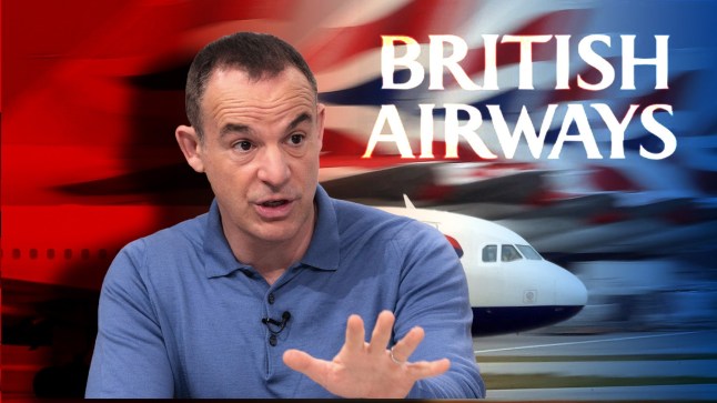 Martin Lewis looking serious and holding his hand out, next to the British Airways logo and a plane.