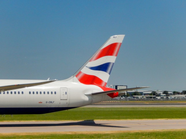 Tail fin of a British Airways jet after landing at a London airport