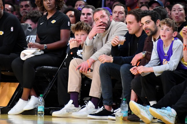 LOS ANGELES, CALIFORNIA - FEBRUARY 06: Ben Affleck (R) and Samuel Garner Affleck attend a basketball game between the Los Angeles Lakers and the Golden State Warriors at Crypto.com Arena on February 06, 2025 in Los Angeles, California. NOTE TO USER: User expressly acknowledges and agrees that, by downloading and or using this photograph, User is consenting to the terms and conditions of the Getty Images License Agreement. (Photo by Allen Berezovsky/Getty Images)