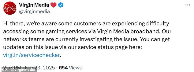 This comes less than 24 hours after Virgin Media customers experienced widespread issues connecting to online gaming services