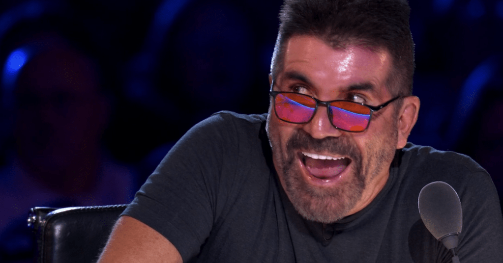 Simon Cowell reacting in shock to Auzzy Blood on Britain's Got Talent