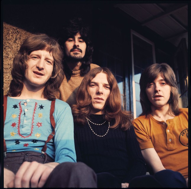 Badfinger group portrait, London, February 1971, L-R Pete Ham, Tommy Evans, Mike Gibbons, Joey Molland. (Photo by Michael Putland/Getty Images)