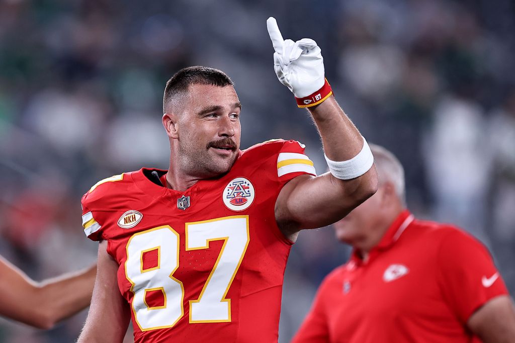 Travis Kelce #87 of the Kansas City Chiefs looks on prior to the game New York Jets at MetLife Stadium on October 01, 2023 in East Rutherford, New Jersey