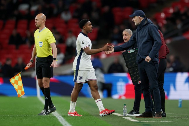 LONDON, ENGLAND - MARCH 21: Thomas Tuchel, Head Coach of England, shakes hands with Myles Lewis-Skelly of England as he is substituted during the FIFA World Cup 2026 European Qualifier between England and Albania at Wembley Stadium on March 21, 2025 in London, England. (Photo by Eddie Keogh - The FA/The FA via Getty Images)