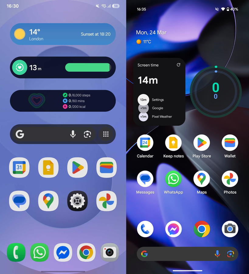One UI 7 and Pixel UI home screen
