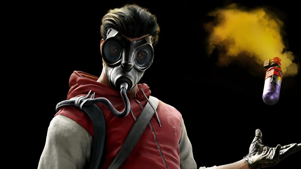 A figure in a red hoodie shows a confident stance, holding a grenade-like device emitting yellow smoke against a dark background.