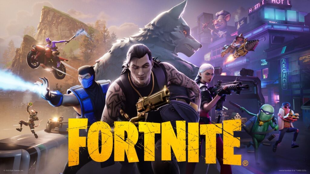 A dynamic Fortnite scene featuring various characters, a large wolf, motorbikes, and vibrant neon lights in a bustling cityscape.