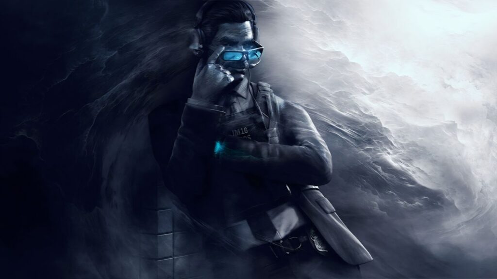 A figure in a dark suit with a tactical vest stands against a stormy backdrop.