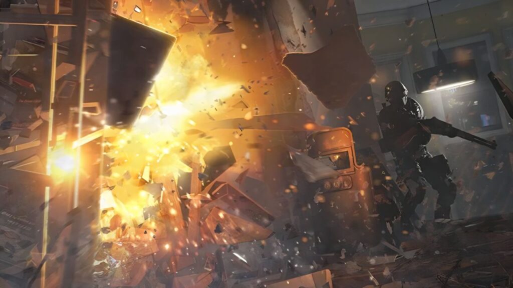 A soldier in tactical gear stands amidst an explosion, debris flying around in a chaotic room, highlighting intense action — a dramatic moment from the video game Siege X.