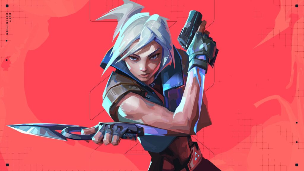 Jett - Valorant agent - with silver hair holds a gun in one hand and a knife in the other, set against a vibrant red background.