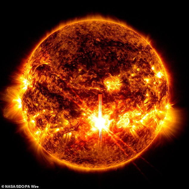 NASA¿s Solar Dynamics Observatory captured this image of a solar flare ¿ seen as the bright flash in the lower left ¿ on Oct. 1, 2024. A flare of this magnitude would be miniscule compared to a Miyake event
