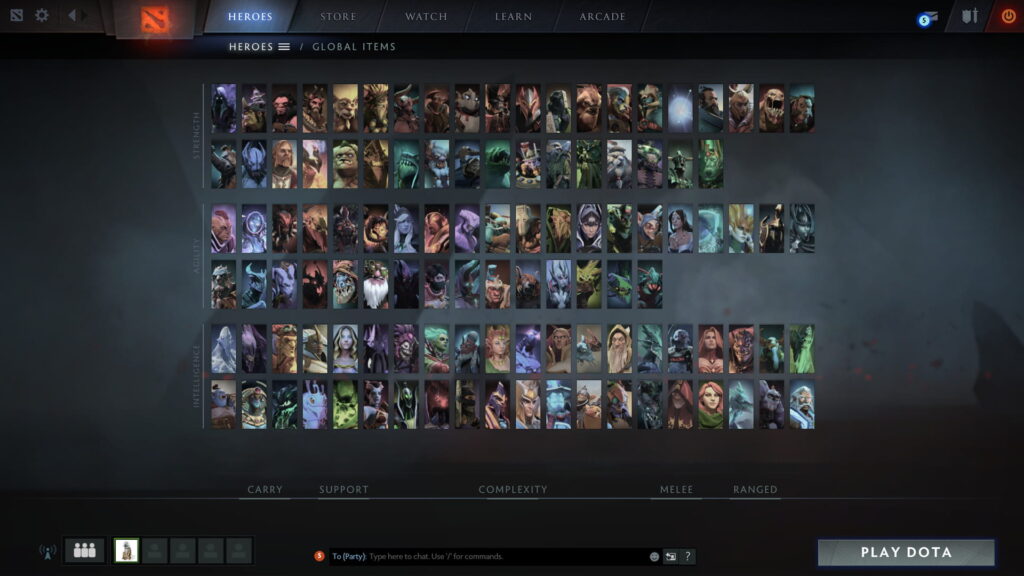 A grid displaying various Dota 2 heroes, categorized by strength, agility, and intelligence