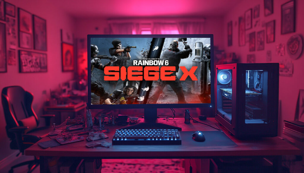 A gaming setup with a computer monitor displaying "Tom Clancy's Rainbow 6 Siege X", illuminated keyboard, and gaming mouse in a vibrant room.