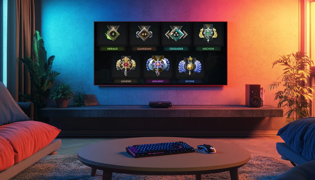 A modern living room with a television displaying Dota 2 ranks in order: Herald, Guardian, Crusader, Archon, Legend, Ancient, and Divine
