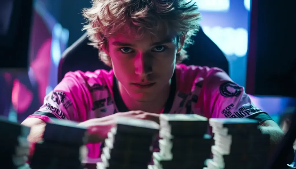 A gamer in a pink jersey leans forward, focused, with stacks of cash on the table