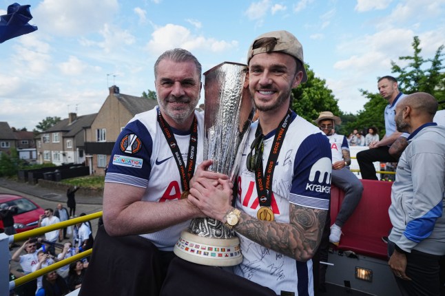 Mandatory Credit: Photo by Joe Toth/Tottenham Hotspur FC/Shutterstock (15314634ba) Tottenham Hotspur head coach Ange Postecoglou (L) and James Maddison of Tottenham Hotspur (R) on the parade bus Tottenham Hotspur UEFA Europa League Trophy Parade, Football, London, UK - 23 May 2025 Tottenham Hotspur celebrate winning the UEFA Europa League