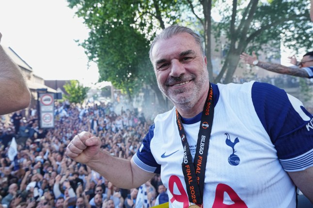 Mandatory Credit: Photo by Joe Toth/Tottenham Hotspur FC/Shutterstock (15314634bs) Tottenham Hotspur head coach Ange Postecoglou on the parade bus Tottenham Hotspur UEFA Europa League Trophy Parade, Football, London, UK - 23 May 2025 Tottenham Hotspur celebrate winning the UEFA Europa League