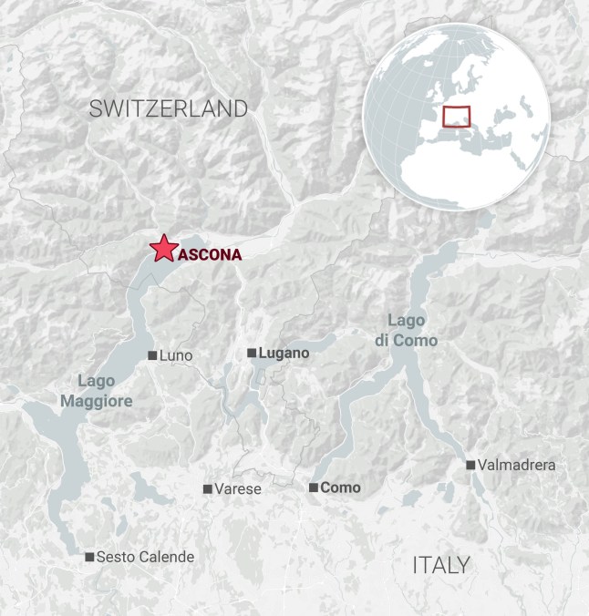 A map of Switzerland, focusing on the canton of Ticino and Ascona, on the northern shore of Lake Maggiore.