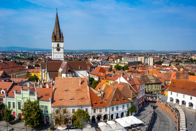 St. Marys Evangelical Church towering over the city of Sibiu, Romania.